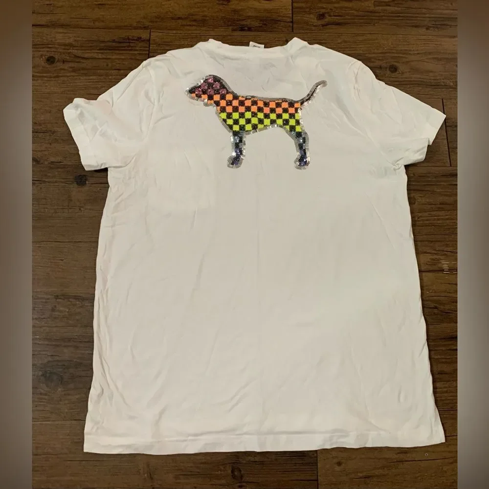 PINK VS CHECKERED RAINBOW BLING DOG CAMPUS TSHIRT XL
